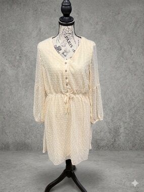 Alredine Cream Swiss Dot Long Sleeve Mini Dress - Size Large - Boho Chic